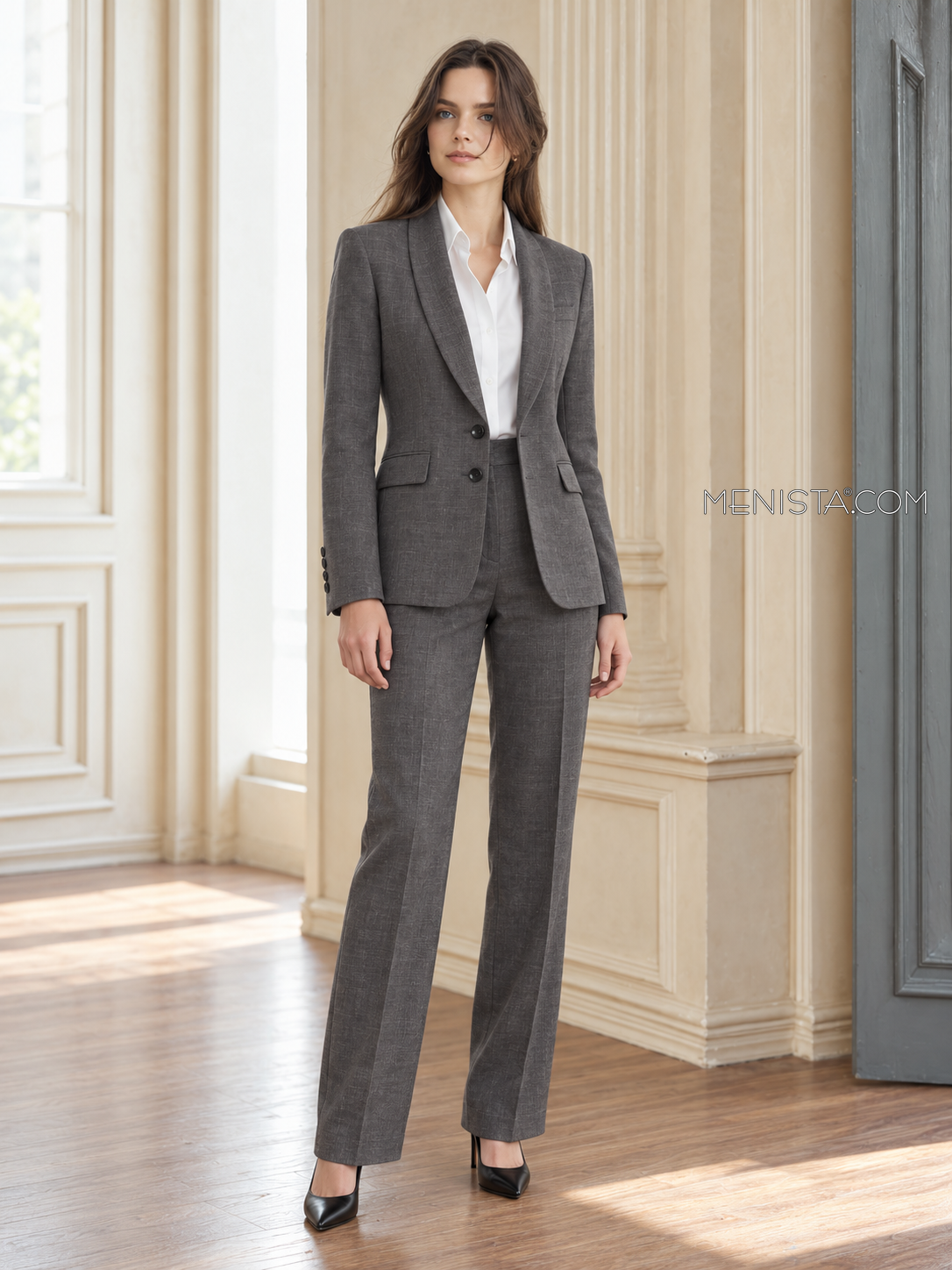 Quintessa women’s charcoal grey 100% linen two-piece suit, full-body front view.