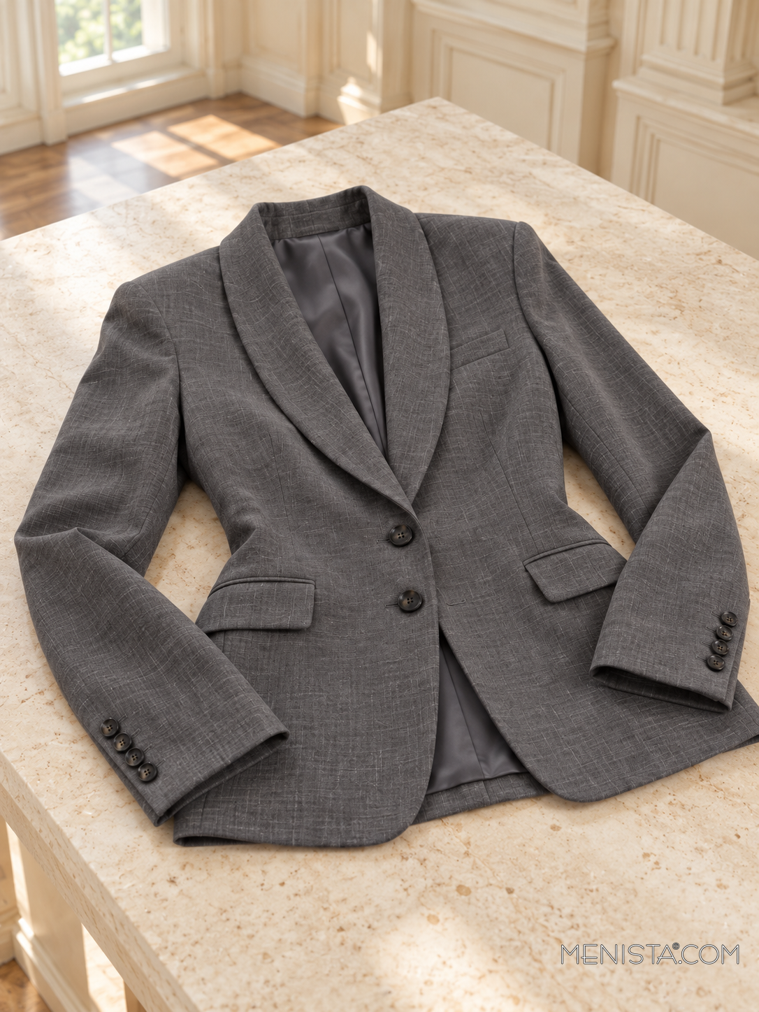Quintessa charcoal grey linen jacket spread flat on a stone table with both sleeves supported.