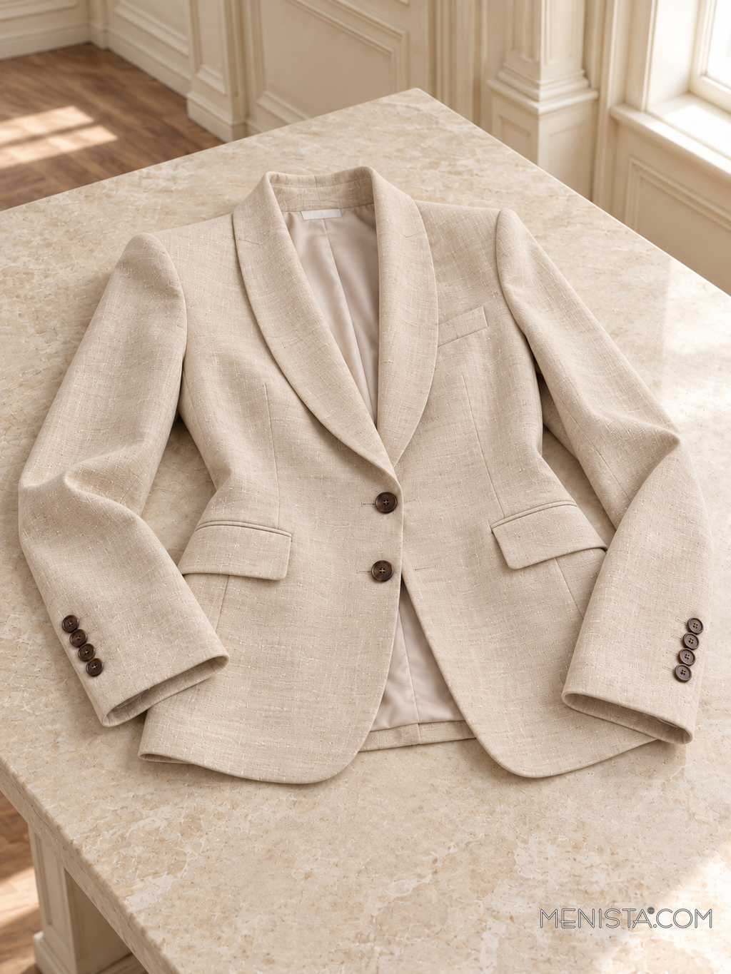 Rhoswen champagne beige linen jacket spread flat on a stone table with both sleeves supported.