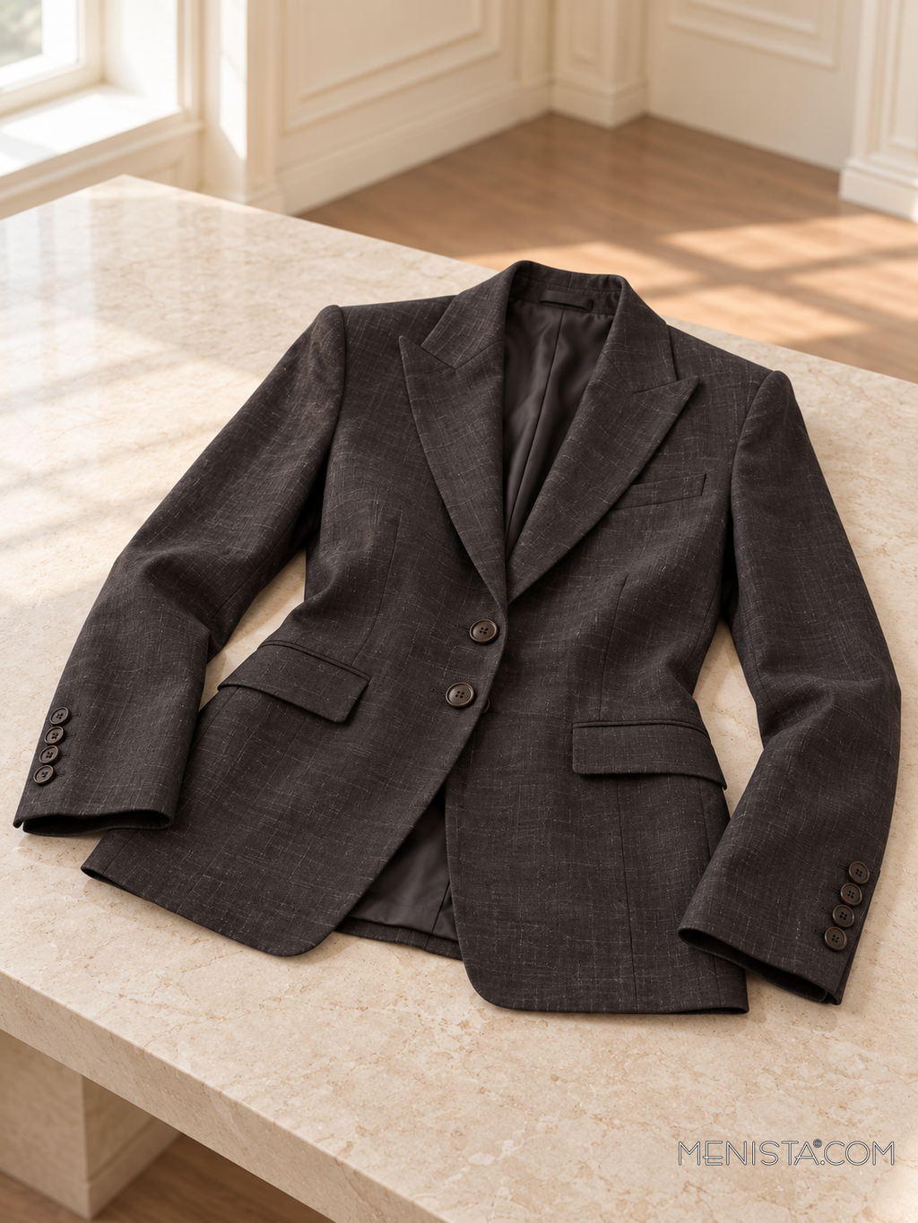 Romilly soft black linen jacket spread flat on a stone table with both sleeves supported.