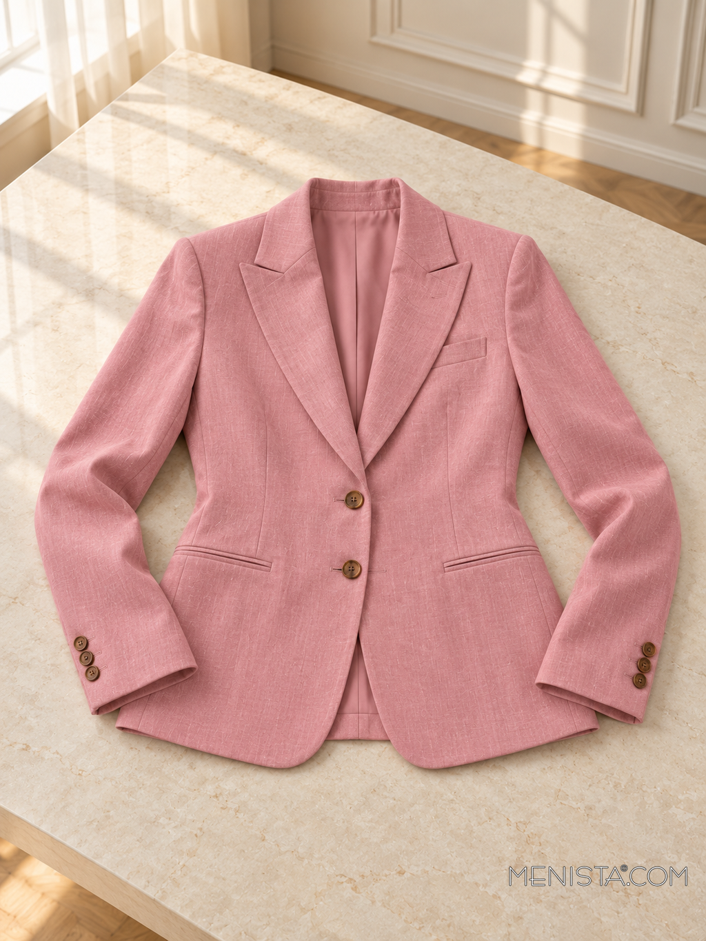 Rosalia dusty pink linen jacket laid flat and spread on a stone table with both sleeves supported.
