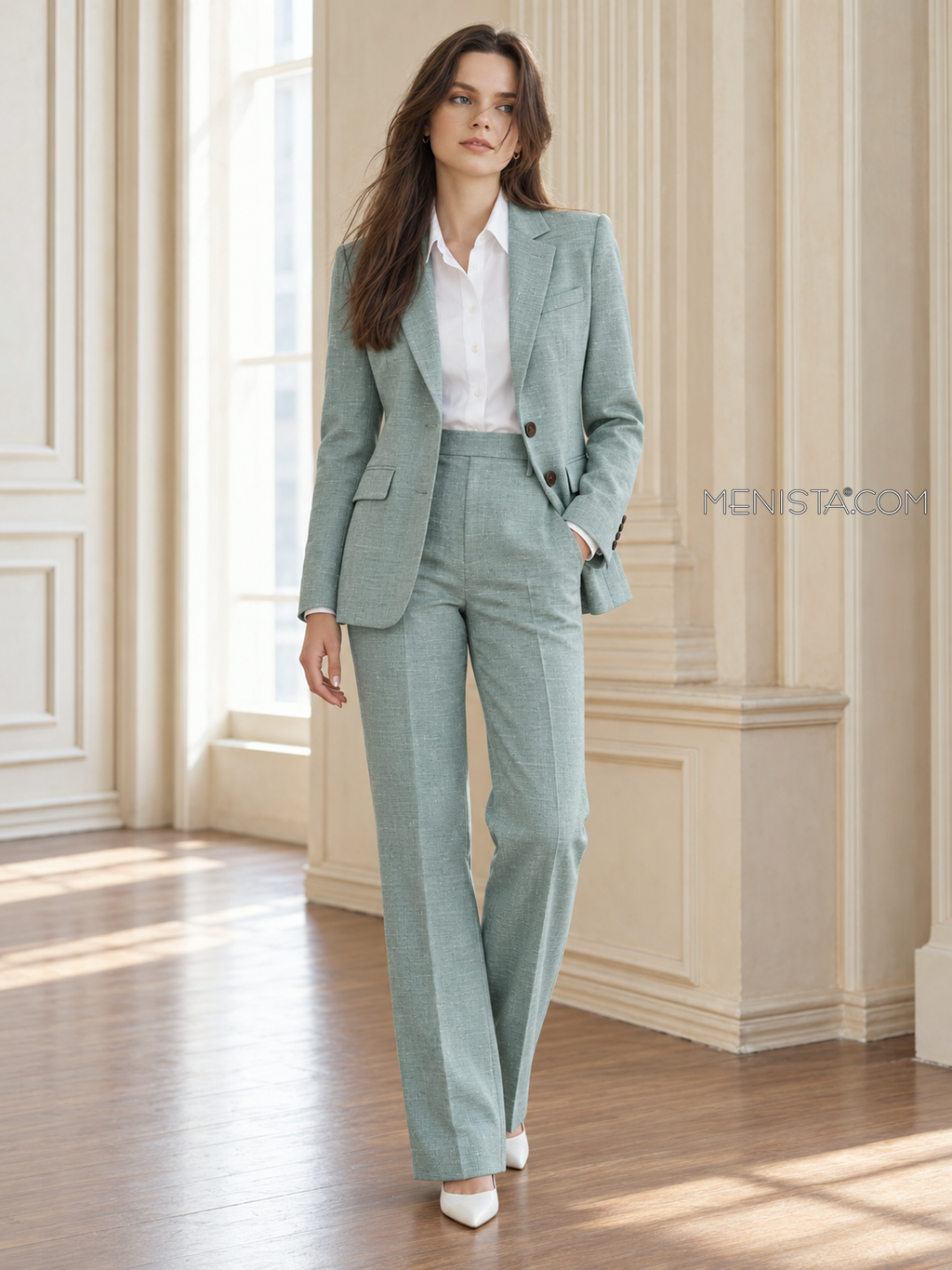 Sancia women’s muted aqua 100% linen two-piece suit, full-body front view.