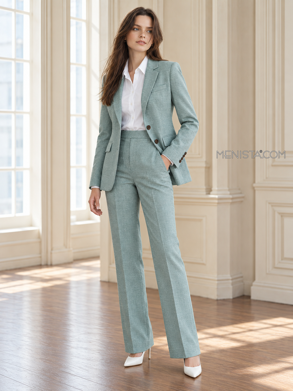 Sancia muted aqua linen suit, gentle three-quarter view.