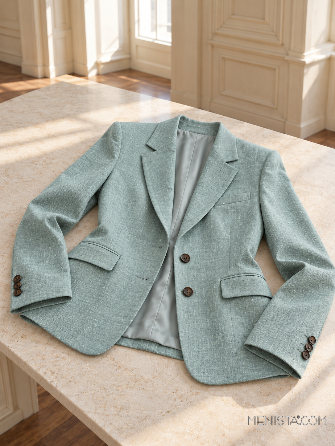 Sancia muted aqua linen jacket spread flat on a stone table with both sleeves supported.