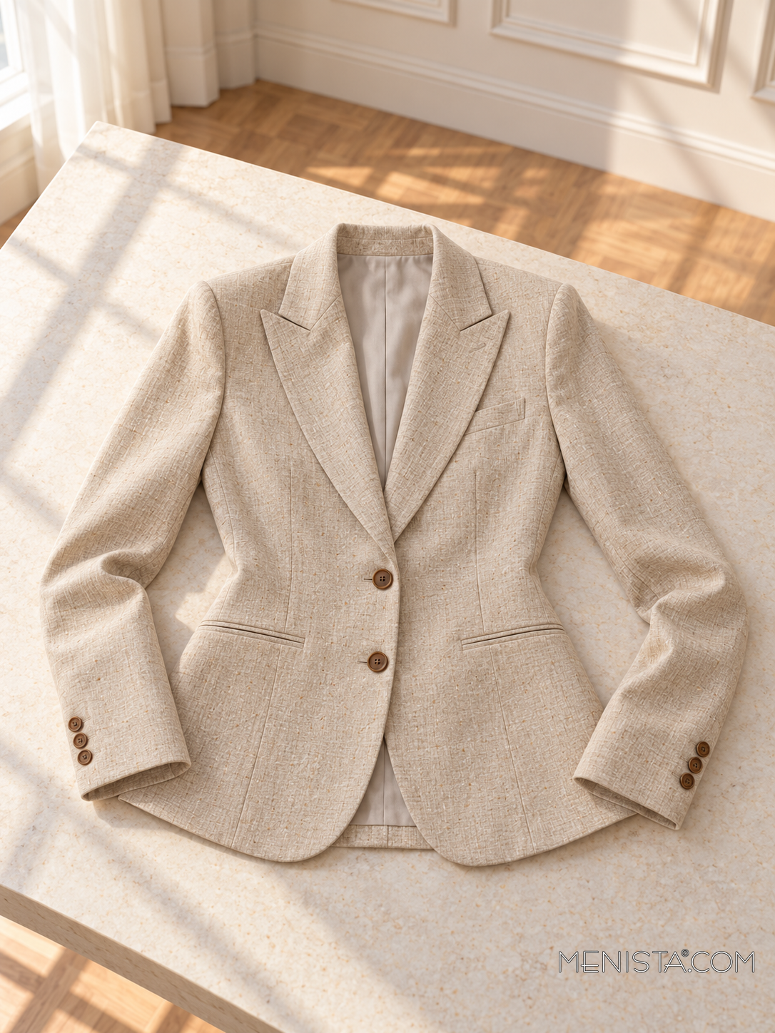 Sandrine natural beige linen jacket laid flat and spread on a stone table with both sleeves supported.