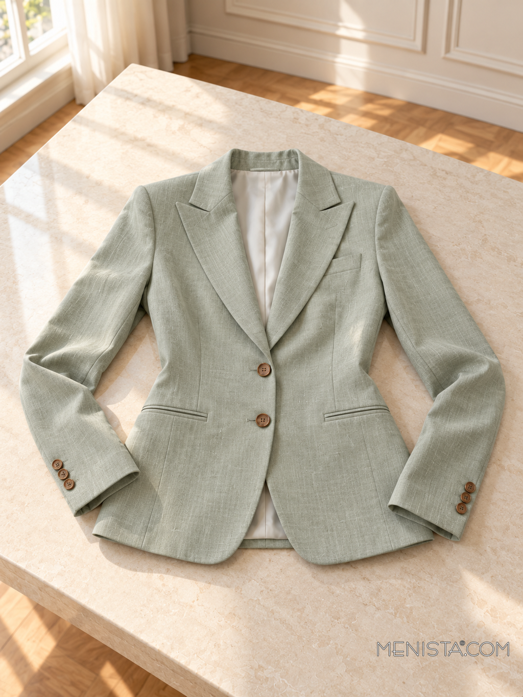 Silvana sage green linen jacket laid flat and spread on a stone table with both sleeves supported.