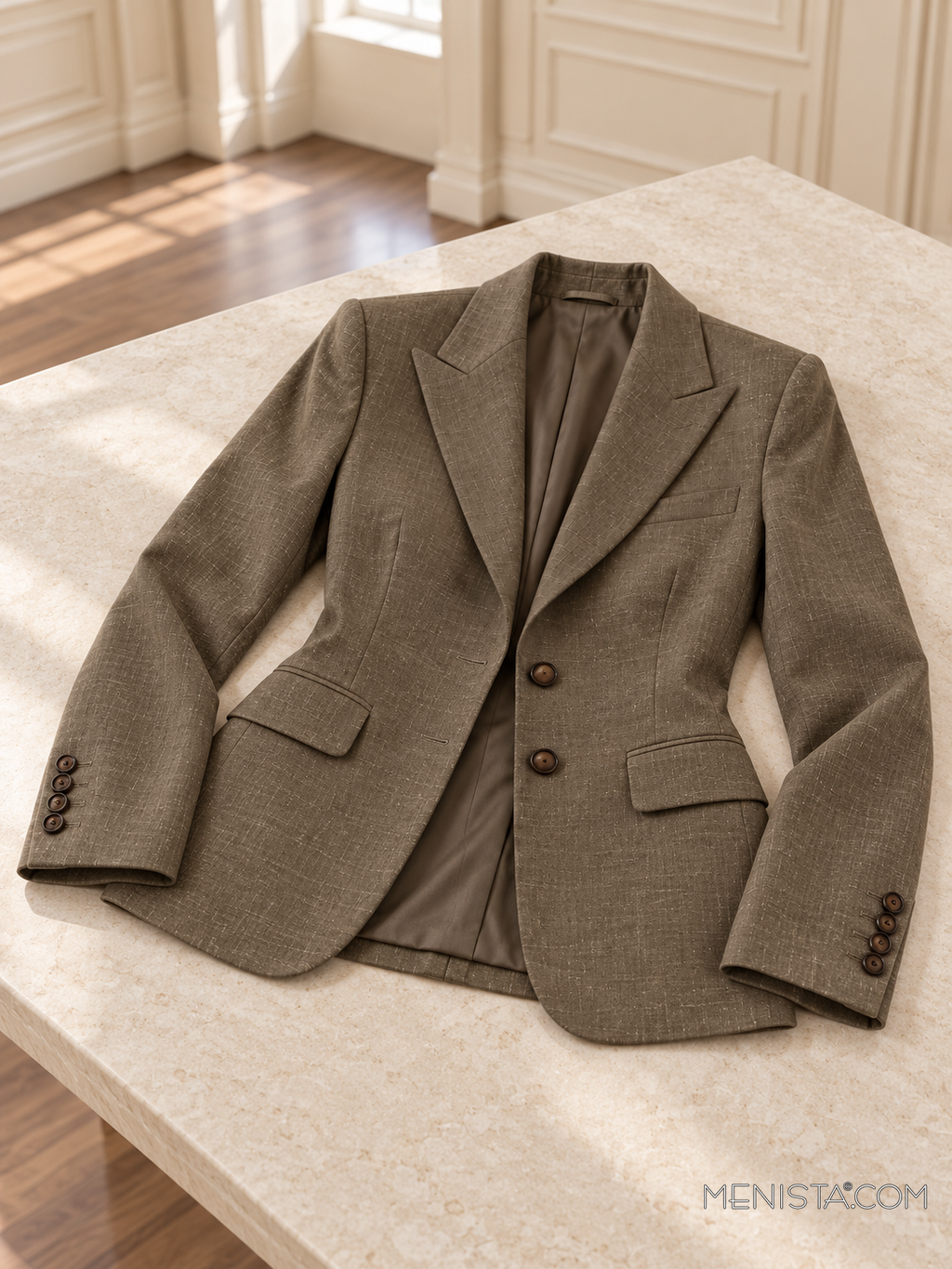 Thessaly olive brown linen jacket spread flat on a stone table with both sleeves supported.