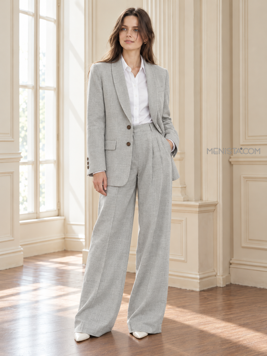 Undine women’s silver grey oversized linen two-piece suit, front view of oversized jacket and wide-leg trousers.