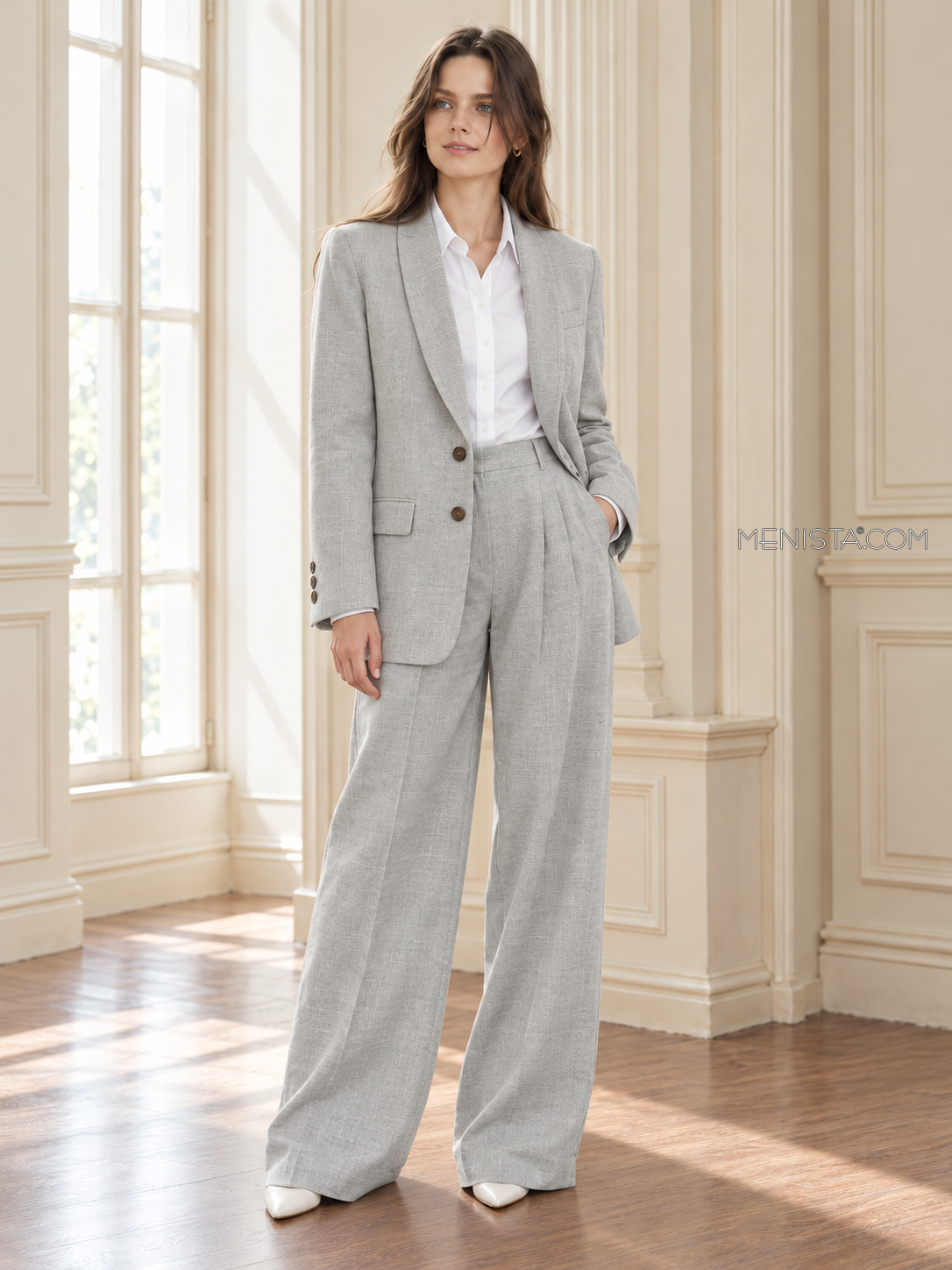 Undine women’s silver grey oversized linen two-piece suit, front view of oversized jacket and wide-leg trousers.