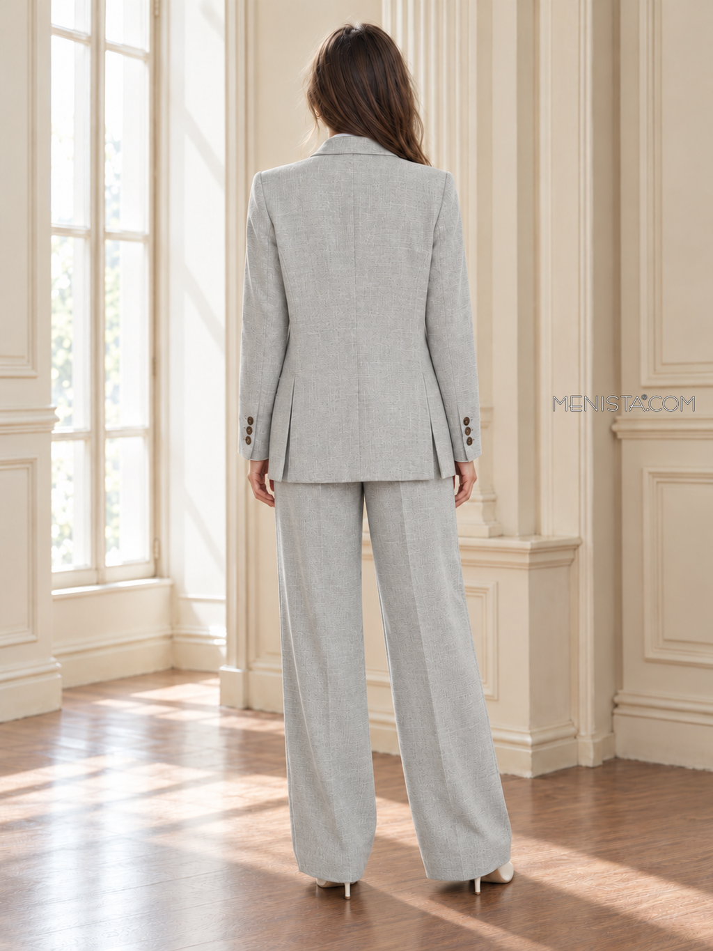 Undine women’s silver grey oversized linen two-piece suit, back view showing twin rear jacket vents.
