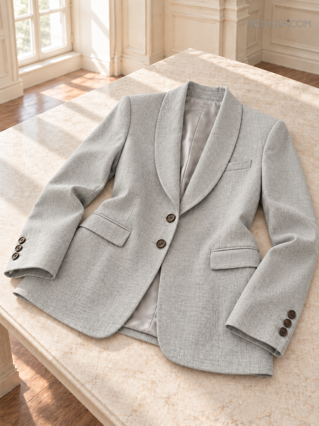 Undine women’s silver grey oversized linen two-piece suit, jacket laid flat with both sleeves supported.