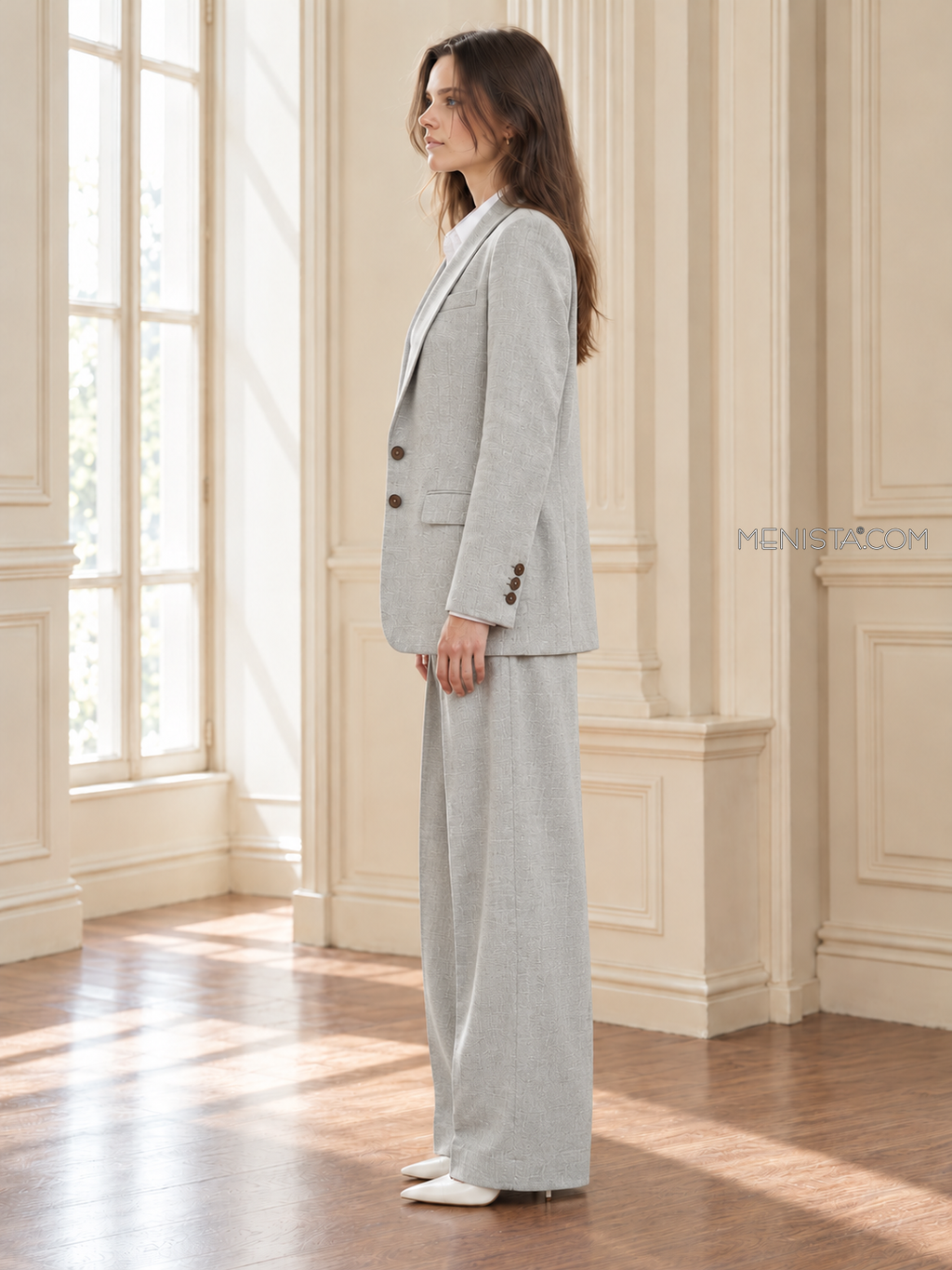 Undine women’s silver grey oversized linen two-piece suit, upright full-body side profile.