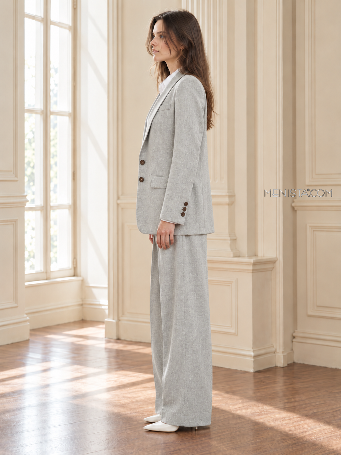 Undine women’s silver grey oversized linen two-piece suit, upright full-body side profile.