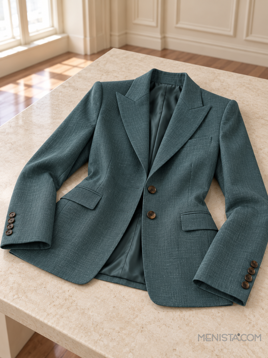 Verena deep teal linen jacket spread flat on a stone table with both sleeves supported.