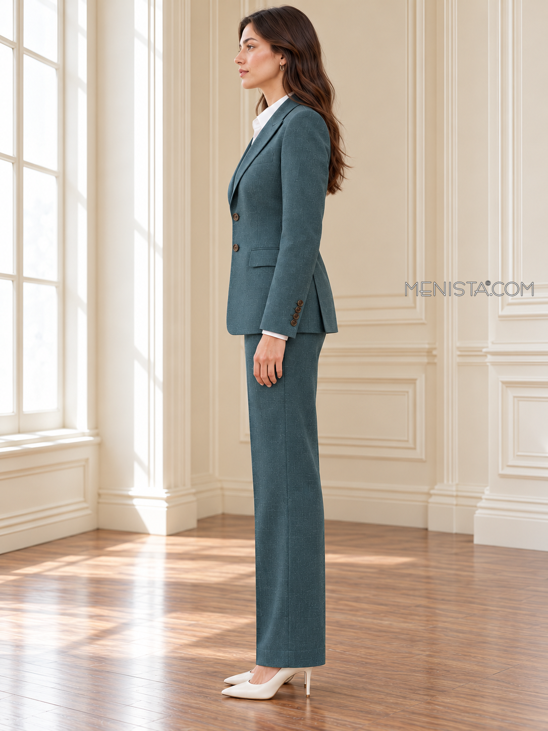Verena deep teal linen suit, upright full-body side profile.