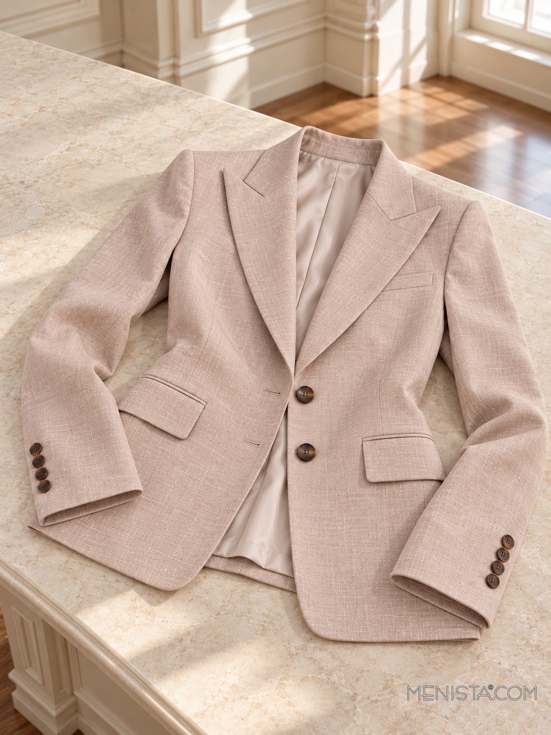 Vittoria blush beige linen jacket spread flat on a stone table with both sleeves supported.