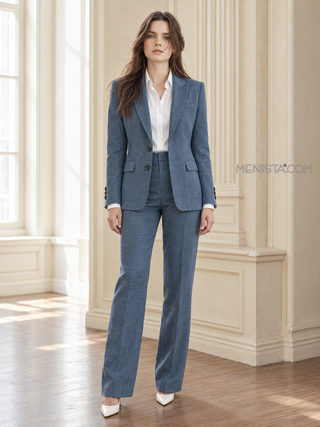 Winifred women’s slate blue 100% linen two-piece suit, full-body front view.