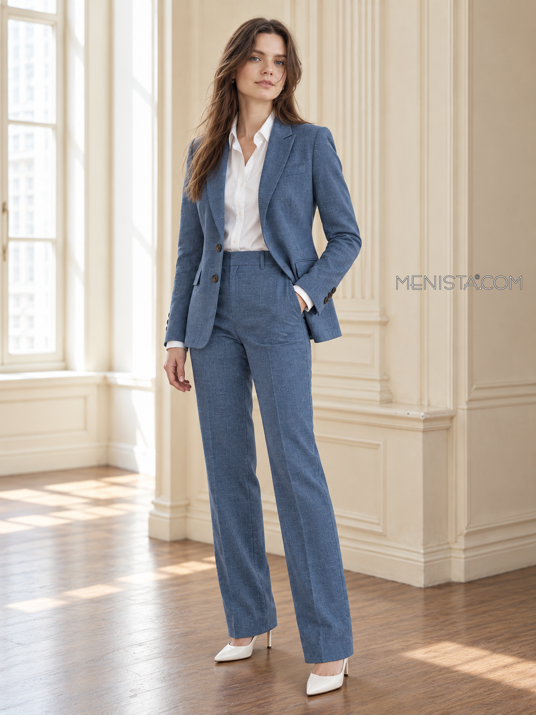 Winifred slate blue linen suit, gentle three-quarter view.