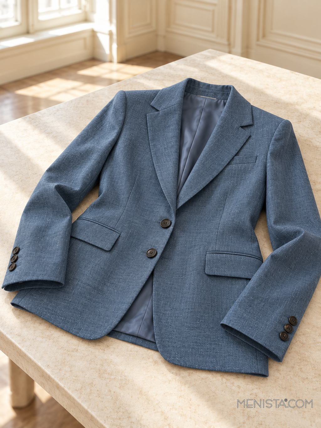 Winifred slate blue linen jacket spread flat on a stone table with both sleeves supported.