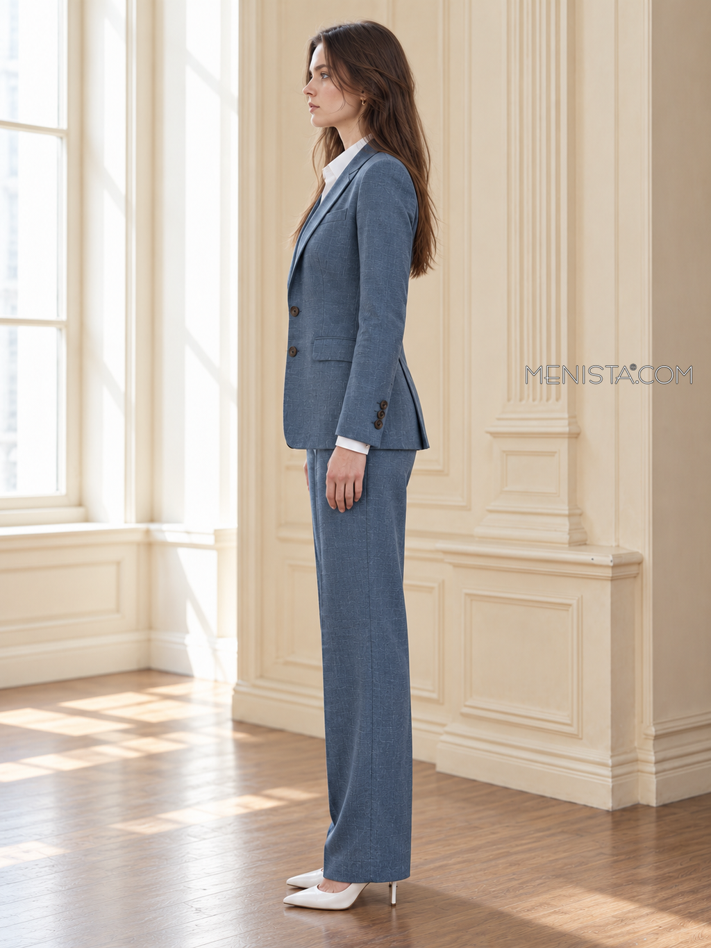 Winifred slate blue linen suit, upright full-body side profile.