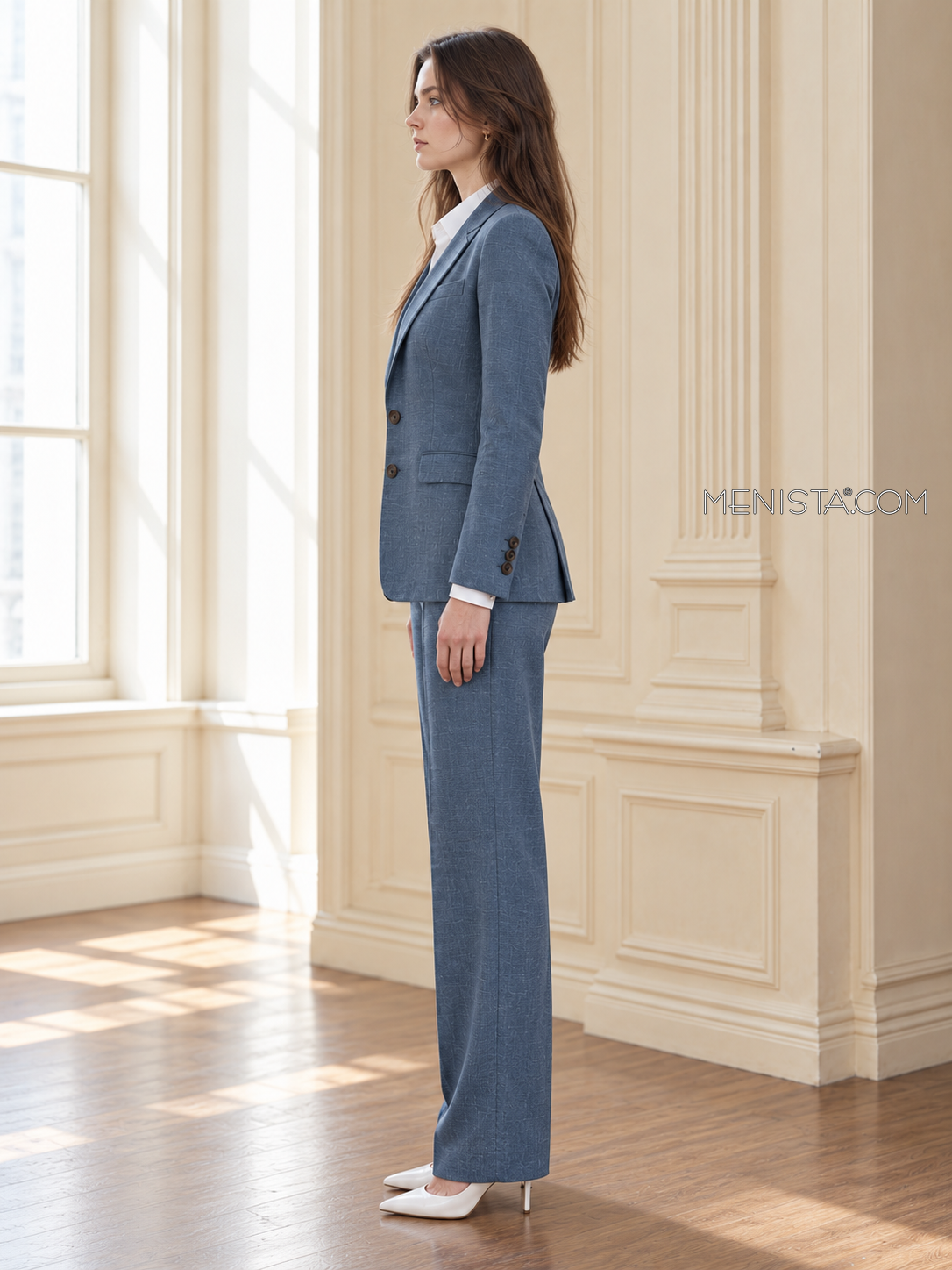 Winifred slate blue linen suit, upright full-body side profile.