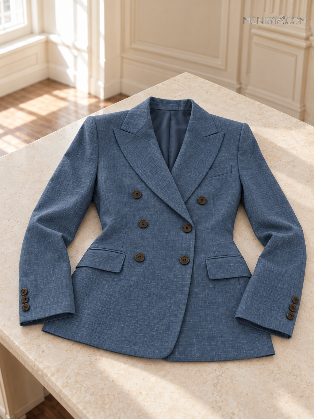 Winifred slate blue linen double-breasted jacket laid flat and spread on a stone table with both sleeves supported.