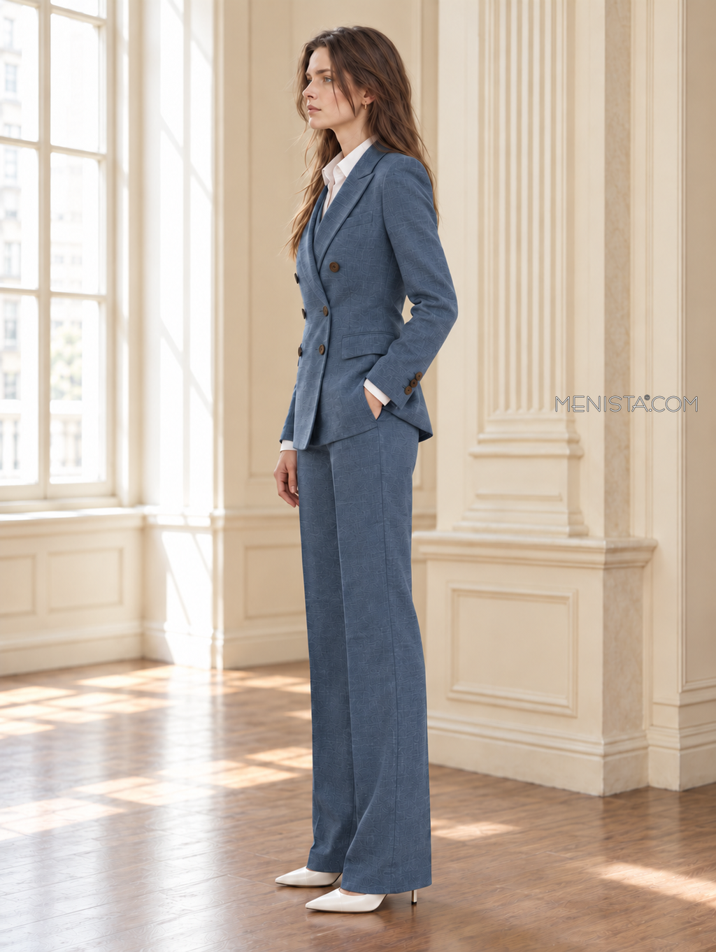 Winifred women’s slate blue linen three-piece suit, upright full-body side profile.