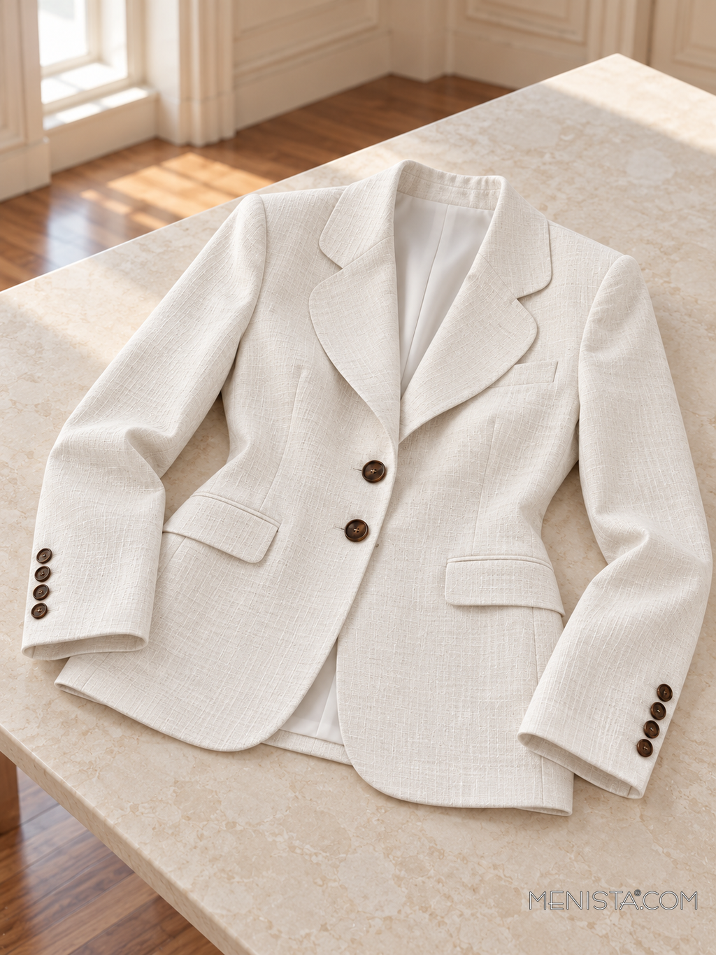 Xanthe soft white linen jacket spread flat on a stone table with both sleeves supported.