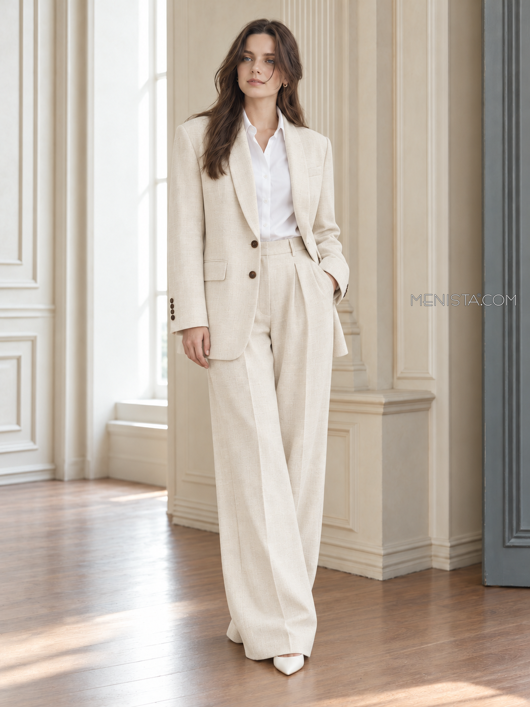 Yvaine women’s warm ivory oversized linen two-piece suit, front view of oversized jacket and wide-leg trousers.