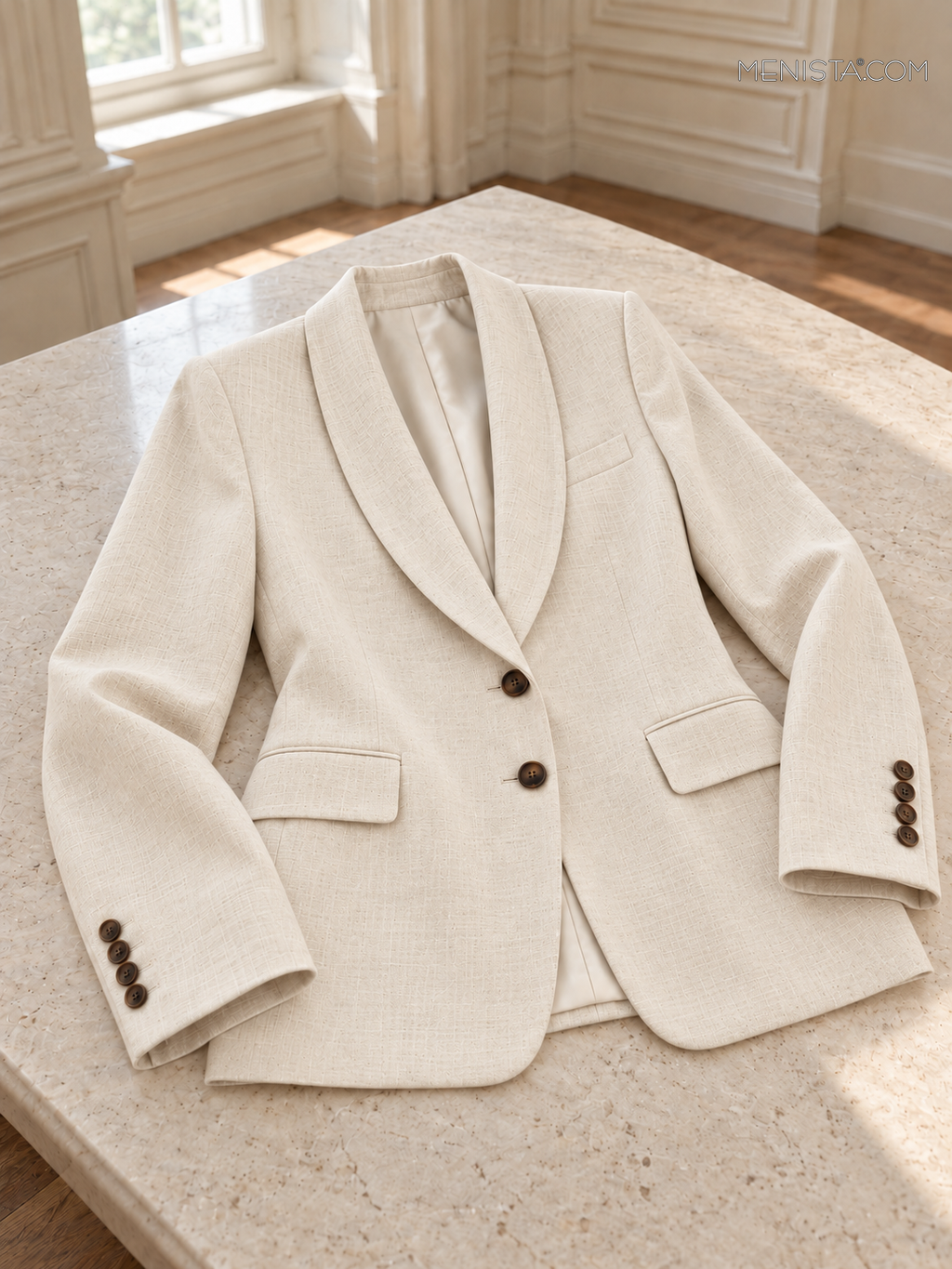 Yvaine women’s warm ivory oversized linen two-piece suit, jacket laid flat with both sleeves supported.