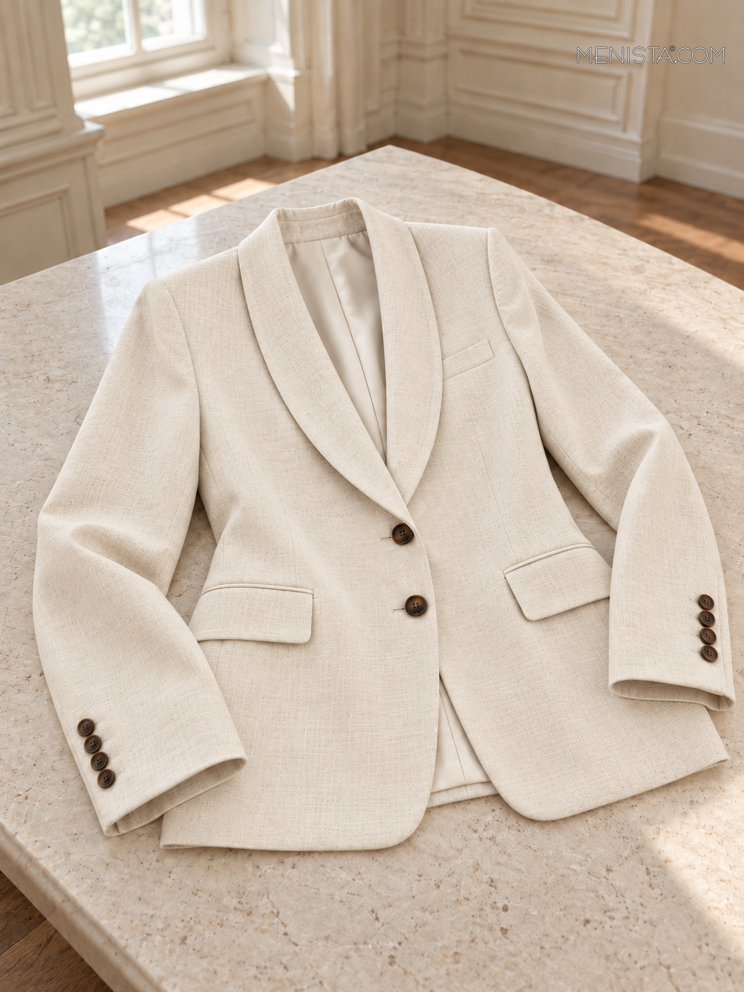 Yvaine women’s warm ivory oversized linen two-piece suit, jacket laid flat with both sleeves supported.