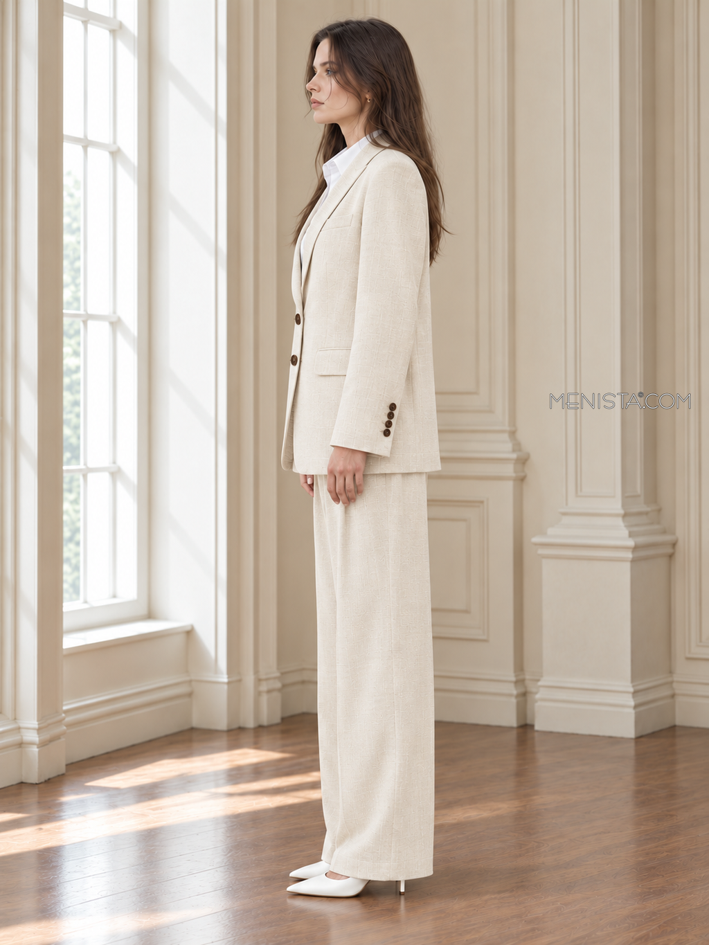 Yvaine women’s warm ivory oversized linen two-piece suit, upright full-body side profile.