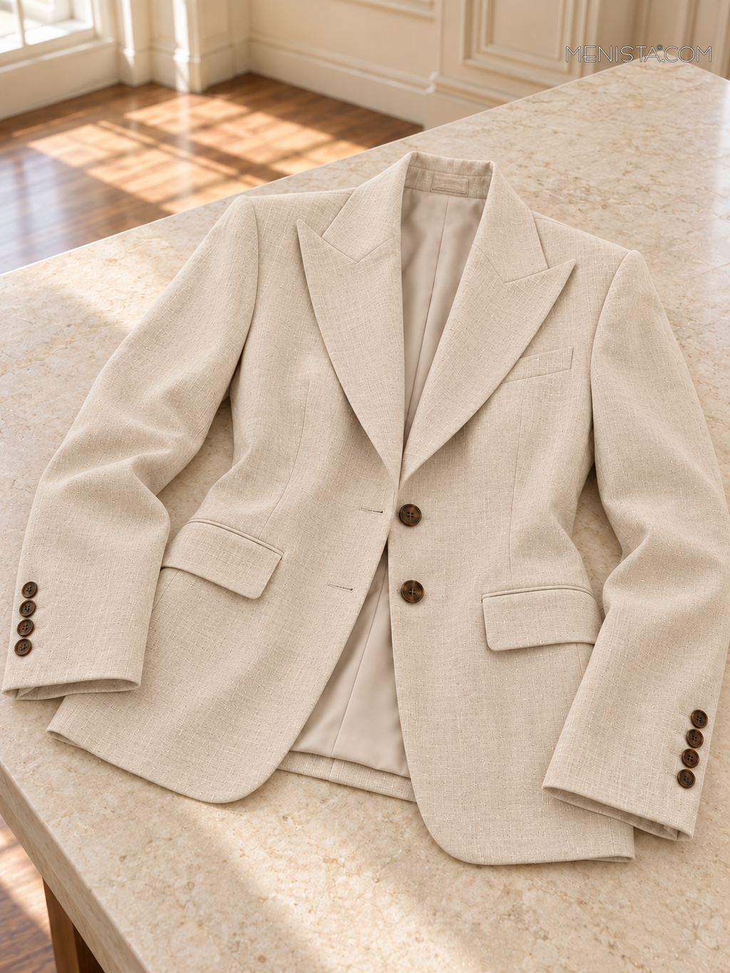 Zephyra women’s cream beige oversized linen two-piece suit, jacket laid flat with both sleeves supported.