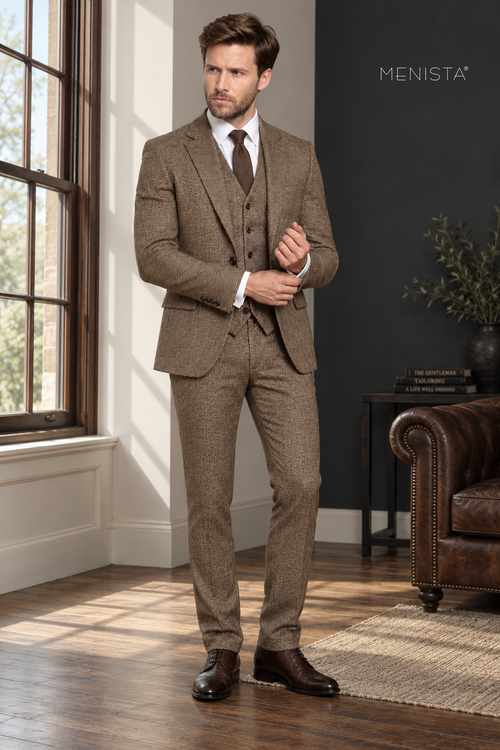 Ainsley Brown Herringbone 100% Wool 3PC Suit: full-body front view.