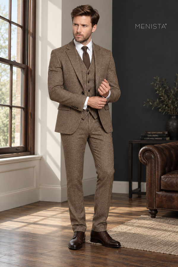 Ainsley Brown Herringbone 100% Wool 3PC Suit: full-body front view.