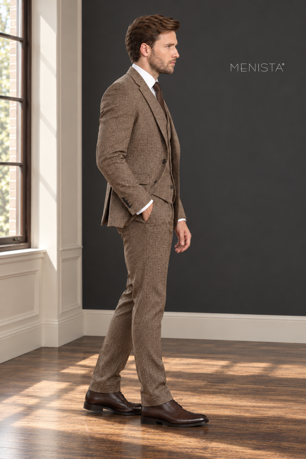Ainsley Brown Herringbone 100% Wool 3PC Suit: side and three-quarter view.