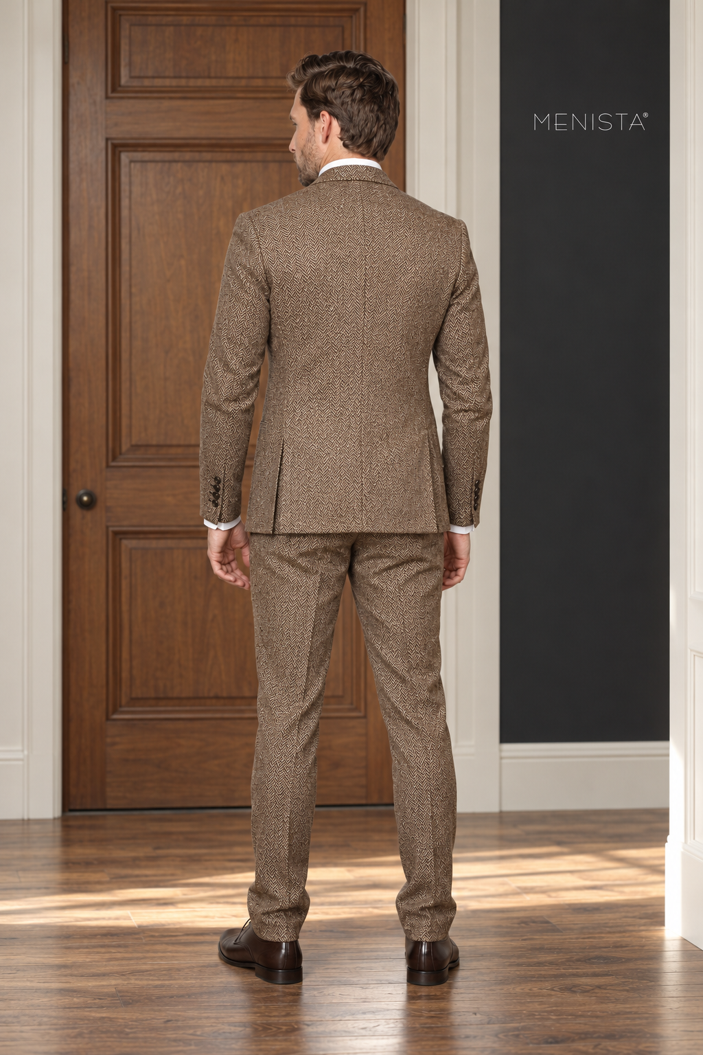 Ainsley Brown Herringbone 100% Wool 3PC Suit: full-body back view with double rear vents.