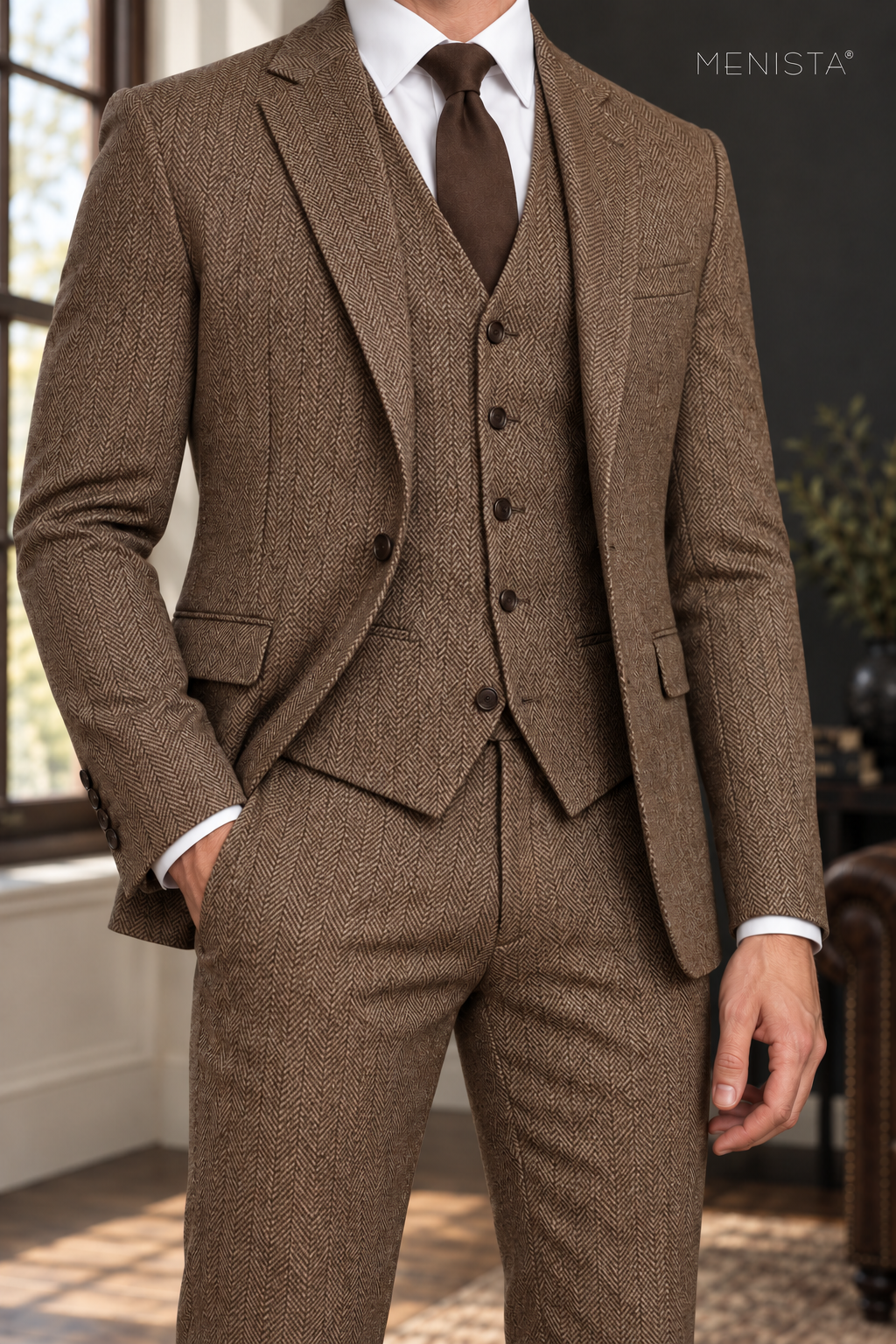 Ainsley Brown Herringbone 100% Wool 3PC Suit: tight garment close-up without the face.