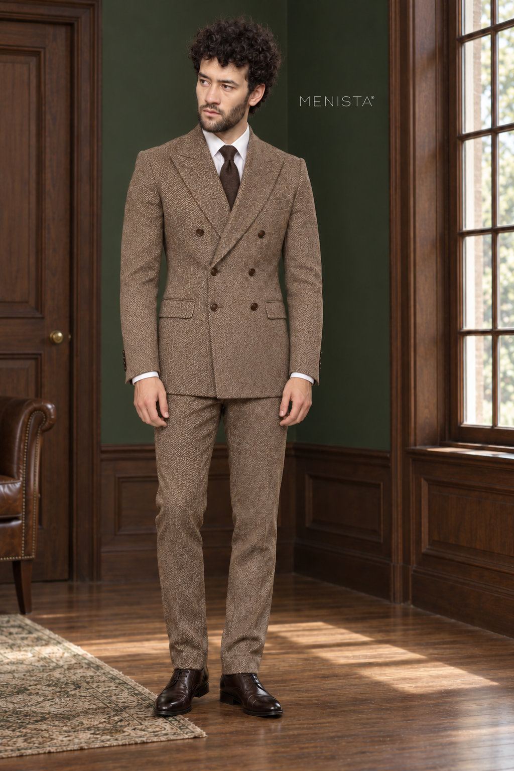 Ainsley Brown Herringbone 100% Wool Double-Breasted 2PC Suit: full-body front view.