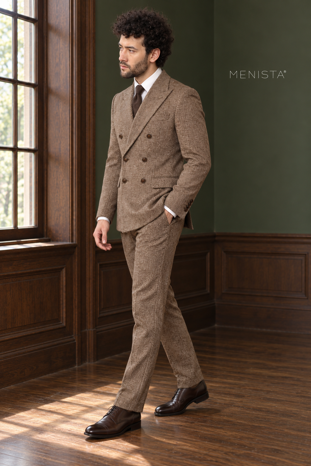Ainsley Brown Herringbone 100% Wool Double-Breasted 2PC Suit: side and three-quarter view.