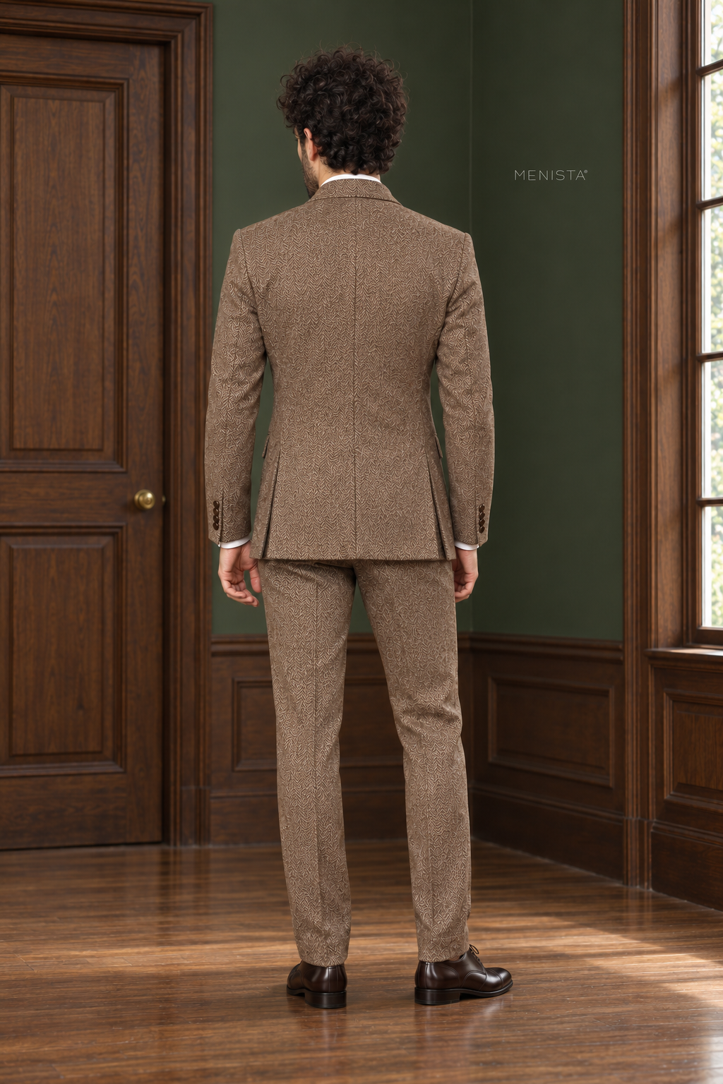 Ainsley Brown Herringbone 100% Wool Double-Breasted 2PC Suit: full-body back view with double rear vents.