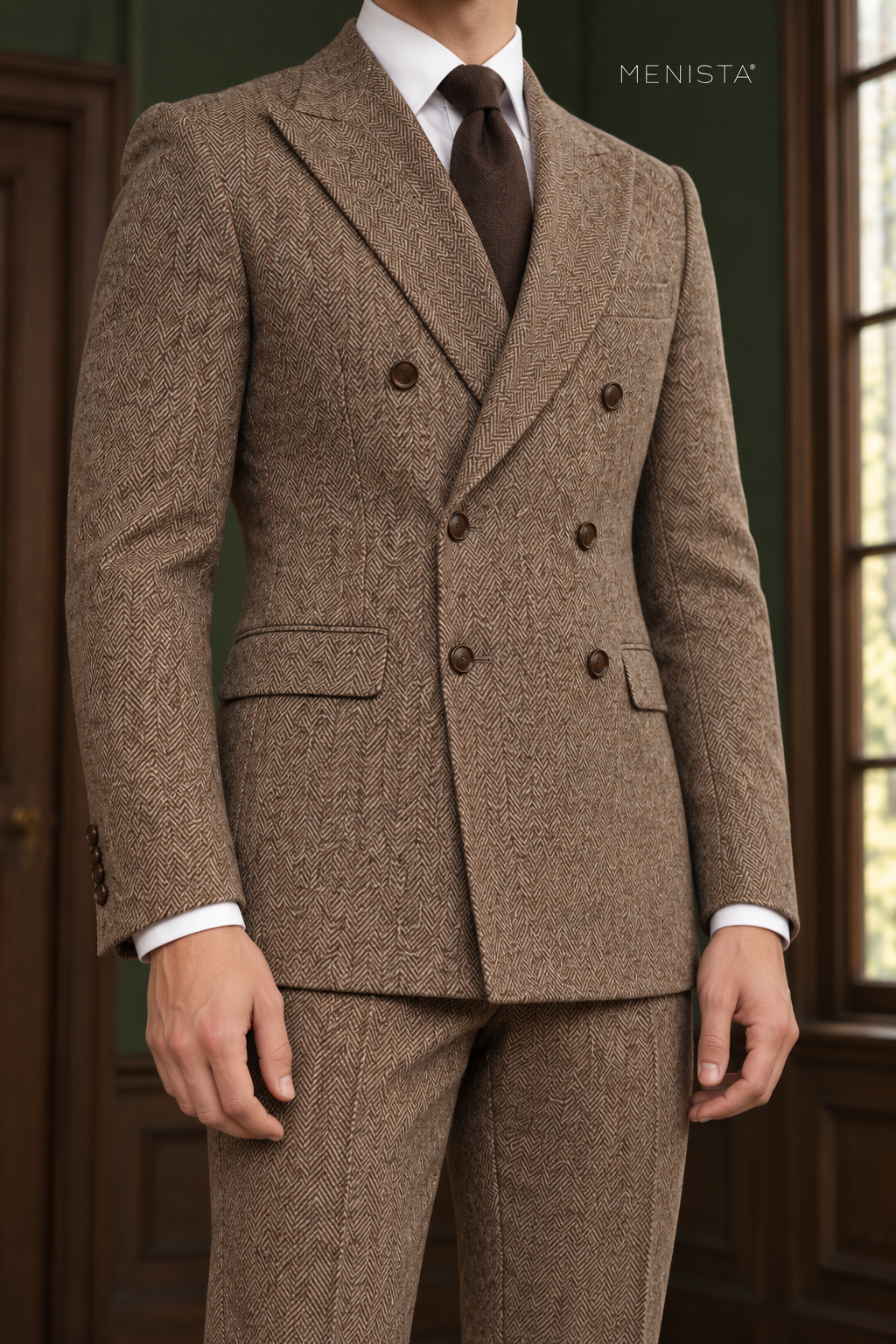 Ainsley Brown Herringbone 100% Wool Double-Breasted 2PC Suit: tight garment close-up without the face.