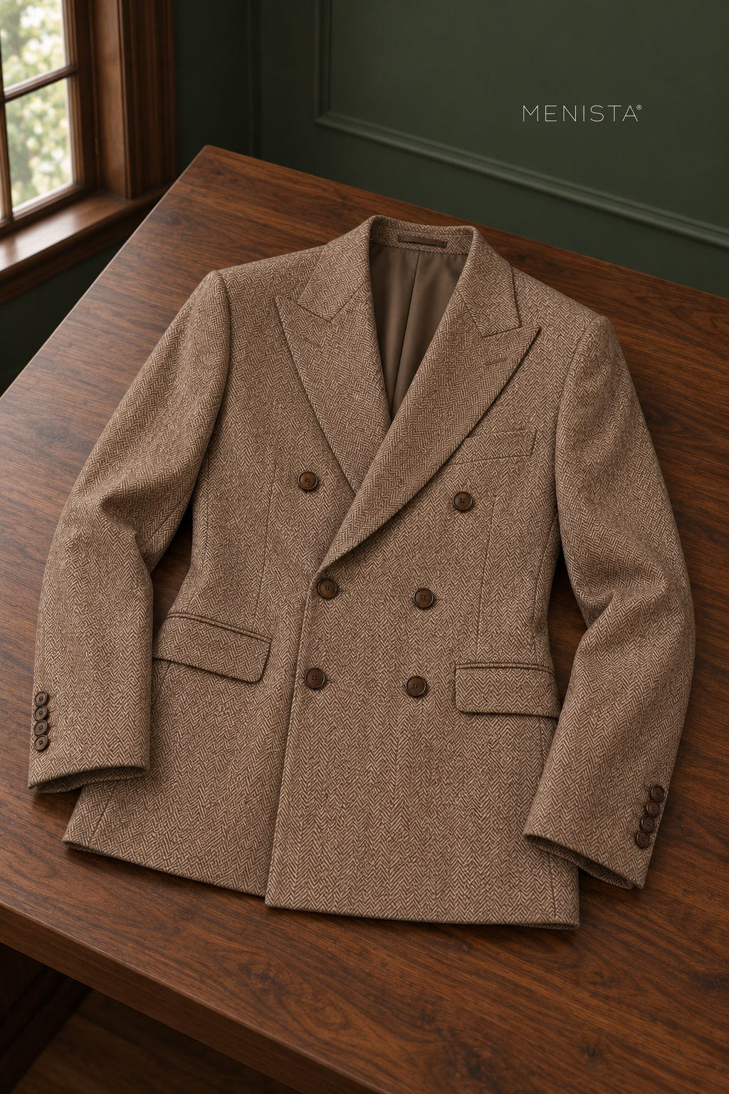 Ainsley Brown Herringbone 100% Wool Double-Breasted 2PC Suit: jacket-only still life fully supported on a broad flat table.