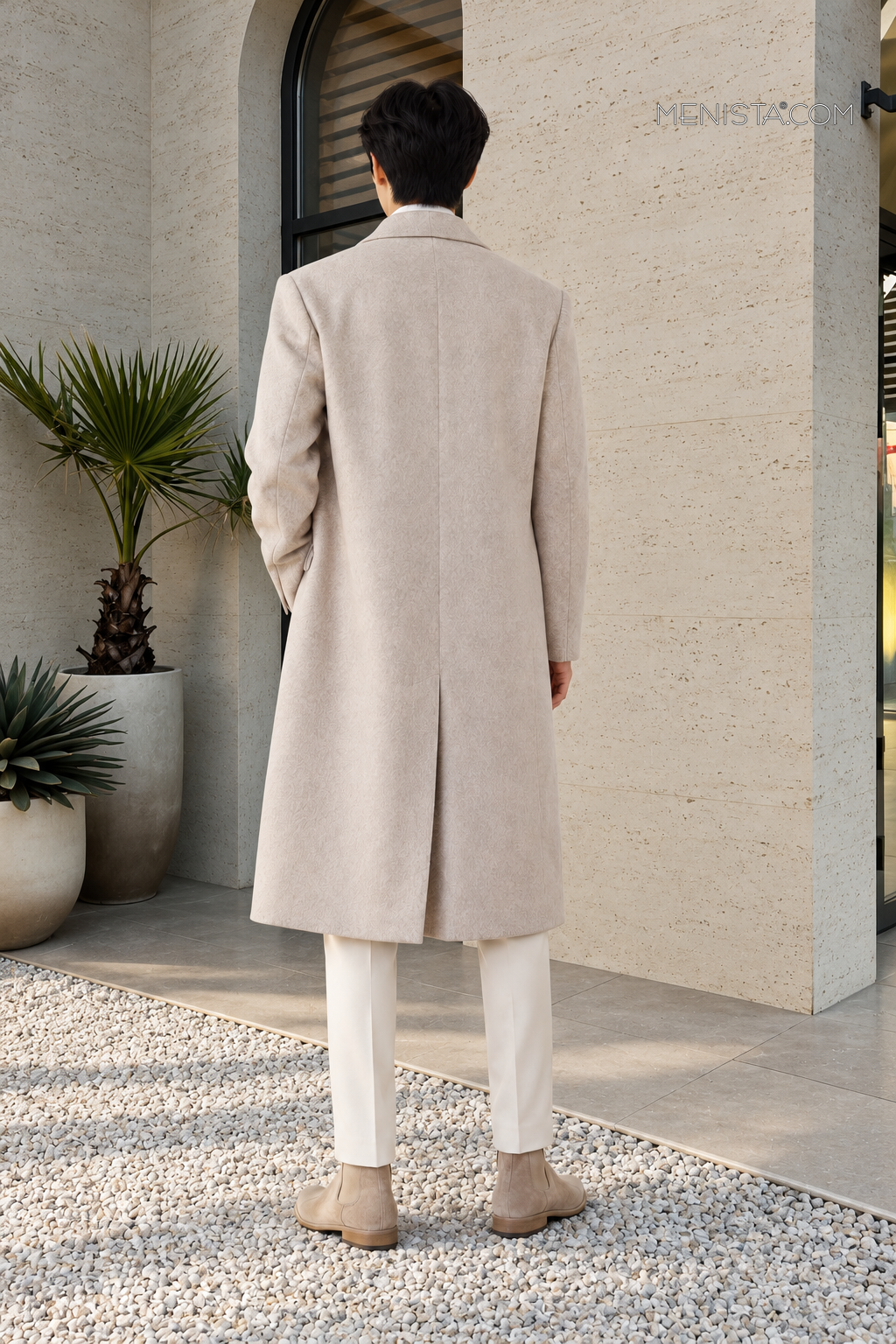 Full back view of the Alarion Light Oatmeal Wool Blend Double-Breasted Long Coat.