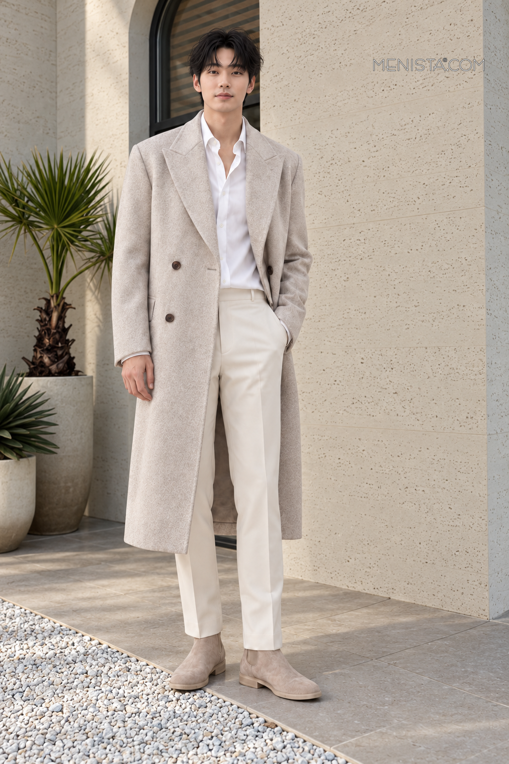 Front view of the Alarion light oatmeal wool-blend double-breasted long coat.