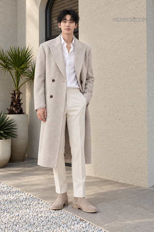 Front view of the Alarion light oatmeal wool-blend double-breasted long coat.