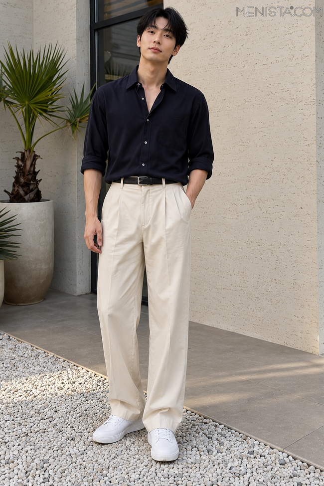 Anselmo Ink Navy Shirt and Cream Pleated Trousers, full-length front view