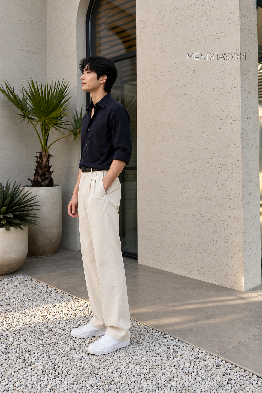 Anselmo Ink Navy Shirt and Cream Pleated Trousers, full-length opposite side view