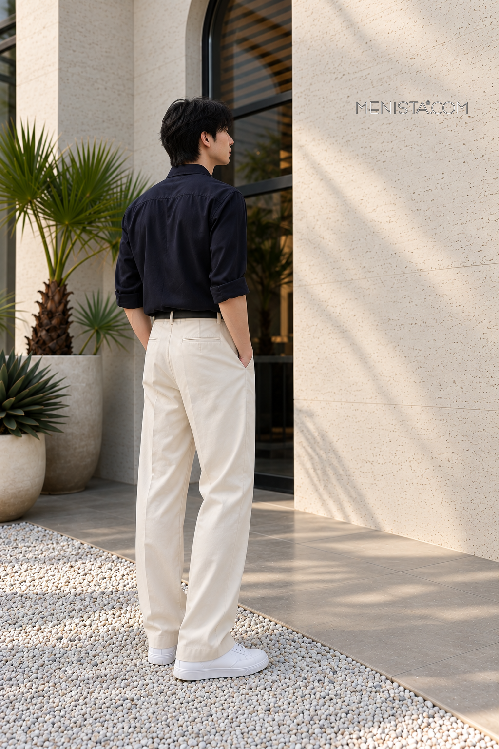 Anselmo Ink Navy Shirt and Cream Pleated Trousers, full-length rear three-quarter view