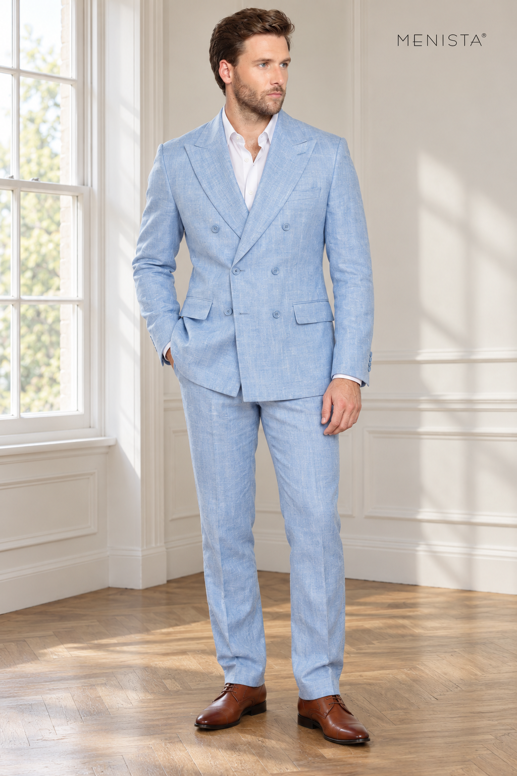 Azzurro Sky Blue 100% Linen Double-Breasted 2PC Suit — full-body front view